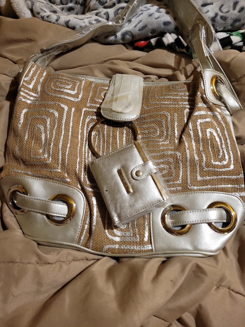Women’s Brown & Gold Tote Bag with Geometric Stitching